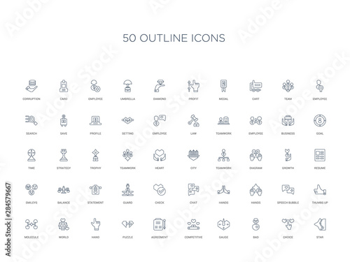 50 outline concept icons such as star, choice, bad, gauge, competitive, agreement, puzzle,hand, world, molecule, thumbs up, speech bubble, hands