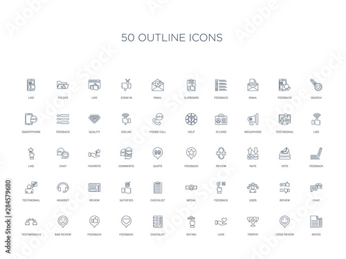 50 outline concept icons such as notes, good review, trophy, love, rating, checklist, feedback,feedback, bad review, testimonials, chat, review, user