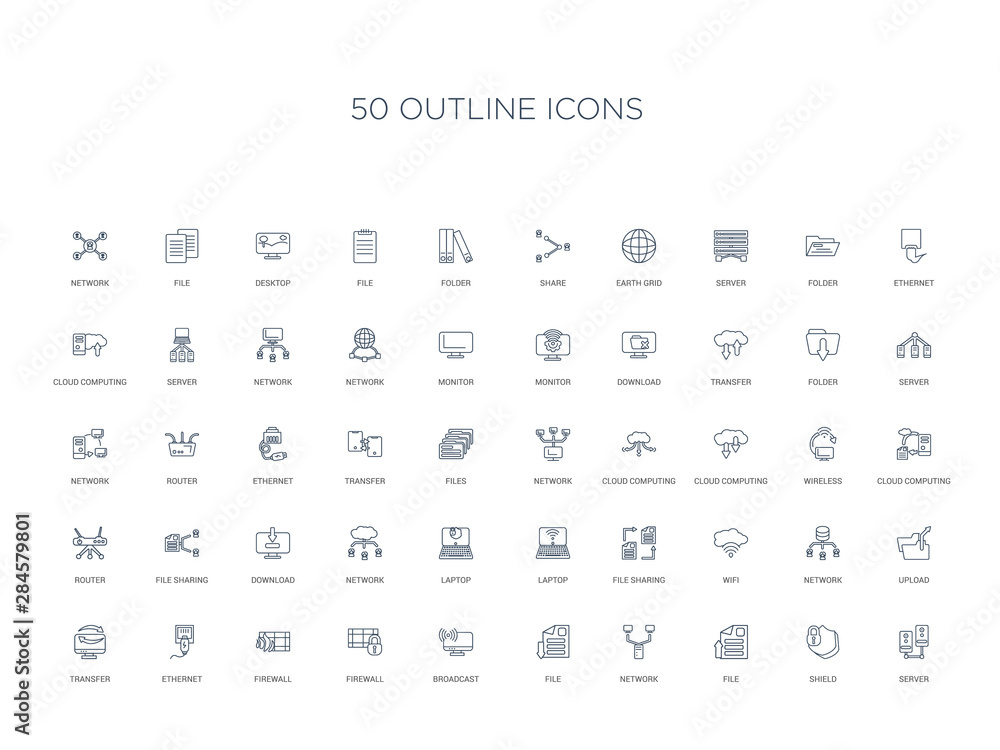50 outline concept icons such as server, shield, file, network, file, broadcast, firewall,firewall, ethernet, transfer, upload, network, wifi