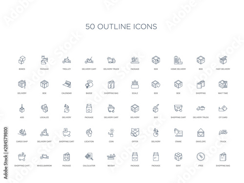 50 outline concept icons such as shopping bag, free, sent, package, package, weight, calculator,package, wheelbarrow, shopping cart, truck, envelope, crane