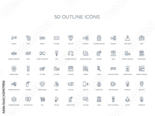 50 outline concept icons such as transfer, buyer, point of service, bank, cit card, online shop, seller,buy, pay per click, transfer money, security, financial, cash register