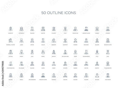 50 outline concept icons such as taxi driver, builder, soldier, soldier, doctor, fireman, soccer player,policewoman, model, soldier, telemarketer, dentist, doctor