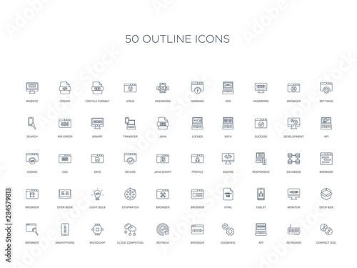 50 outline concept icons such as compact disc, keyboard, api, cogwheel, browser, refresh, cloud computing,microchip, smartphone, browser, open box, monitor, tablet