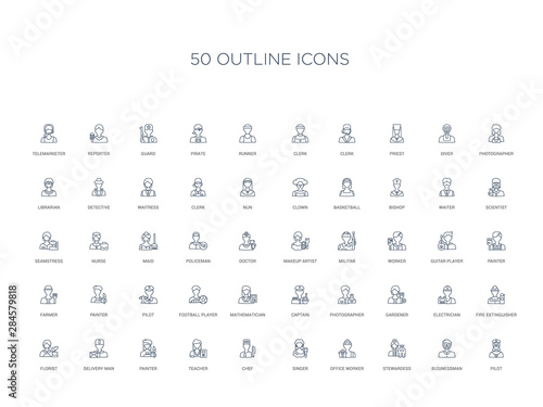 50 outline concept icons such as pilot, businessman, stewardess, office worker, singer, chef, teacher,painter, delivery man, florist, fire extinguisher, electrician, gardener
