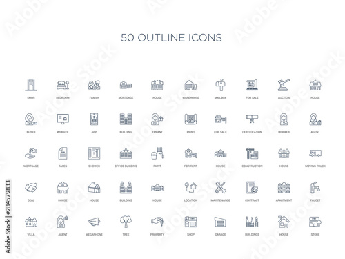 50 outline concept icons such as store, house, buildings, garage, shop, property, tree,megaphone, agent, villa, faucet, apartment, contract