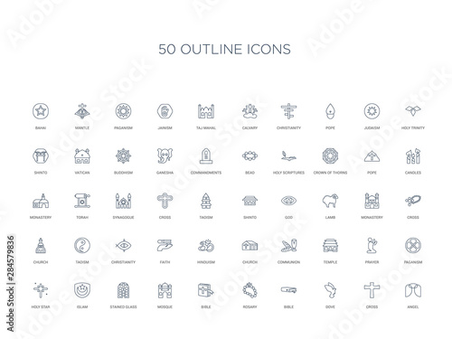 50 outline concept icons such as angel, cross, dove, bible, rosary, bible, mosque,stained glass, islam, holy star, paganism, prayer, temple
