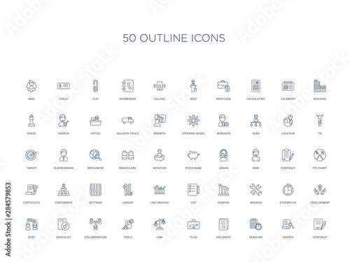 50 outline concept icons such as contract, search, deadline, document, plan, law, tools,collaboration, checklist, chat, development, stopwatch, wrench