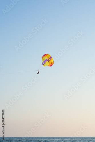 Parachutist against the background of downtown, Antalya stock photo