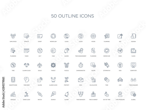 50 outline concept icons such as global, time pressure, out of time, time is money, manager, alarm, search,watch, sand clock, develop, manager, car,