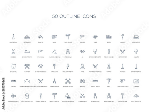 Wallpaper Mural 50 outline concept icons such as nuts and bolts, garage screw, wrench and nut, repair pliers, cleaning mop, dustpan and brush, painter roller,garage wrench, open paint bucket, garage wrench, Torontodigital.ca