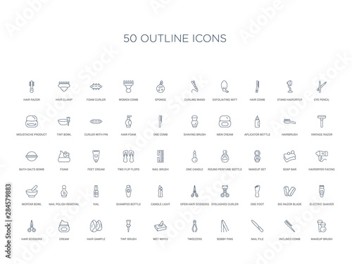 50 outline concept icons such as makeup brush, inclined comb, nail file, bobby pins, tweezers, wet wipes, tint brush,hair sample, cream, hair scissors, electric shaver, big razor blade, one foot