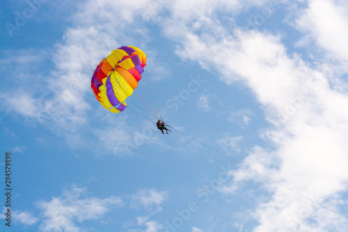 Parachutist against the background of downtown, Antalya stock photo