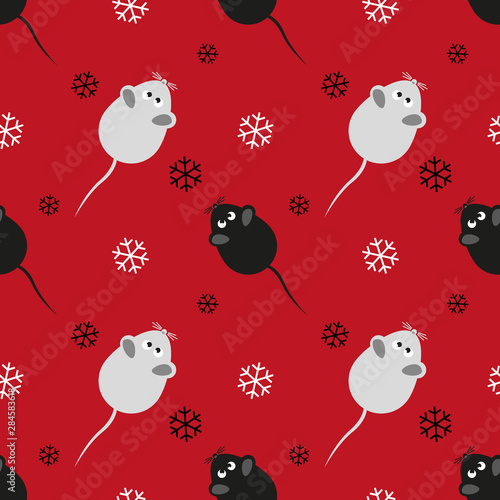Fototapeta Naklejka Na Ścianę i Meble -  Christmas seamless pattern rats and snowflakes on a red background. Festive design for Christmas and New Year fashion prints. Vector illustration