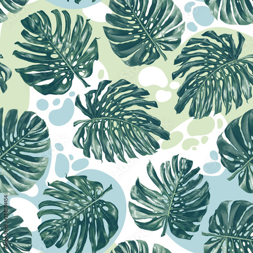 Seamless pattern with color splashes and monstera leaves in realistic style and high detail.  Trendy summer background for pattern, wallpaper, fabric, wrapping paper, t-shirt or clothes design. 
