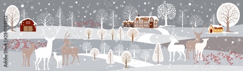 Panoramic of winter landscape,Vector illustration of horizontal banner of winter landscape countryside with snow covering,Farmhouse,moutain and trees with snowing,Merry Christmas landscape background