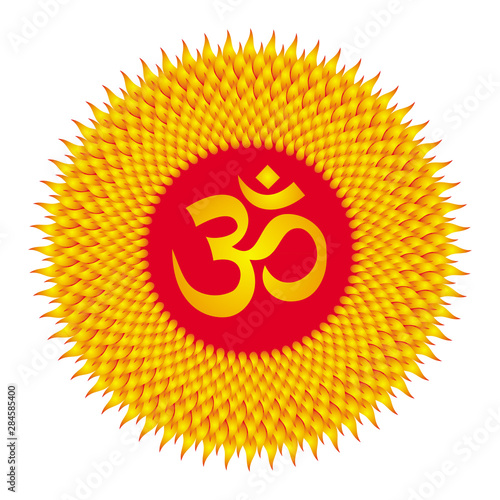Circle mandala sun. Red, orange and yellow colors. Sign Aum / Om / Ohm in center. Spiritual esoteric symbol. Vector graphics.