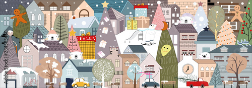 Christmas landscape in the town with fairy tale houses,Ginger bread man,polar bear,Christmas trees with decorations,city on holiday eve,Cute winter city life in flat design,Vector Christmas wonderland