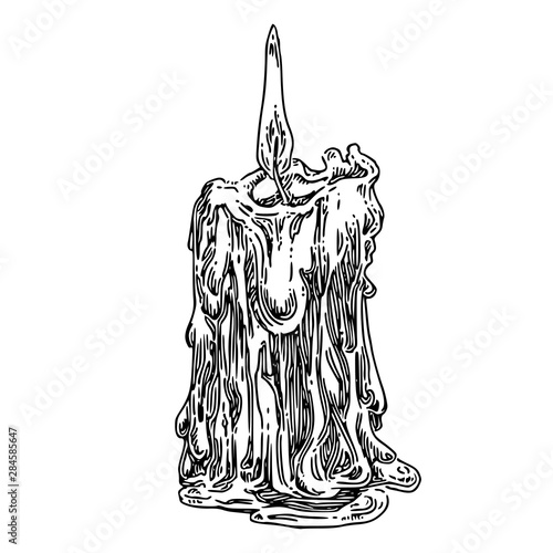 Melted candle. Sketch. Engraving style. Vector illustration.