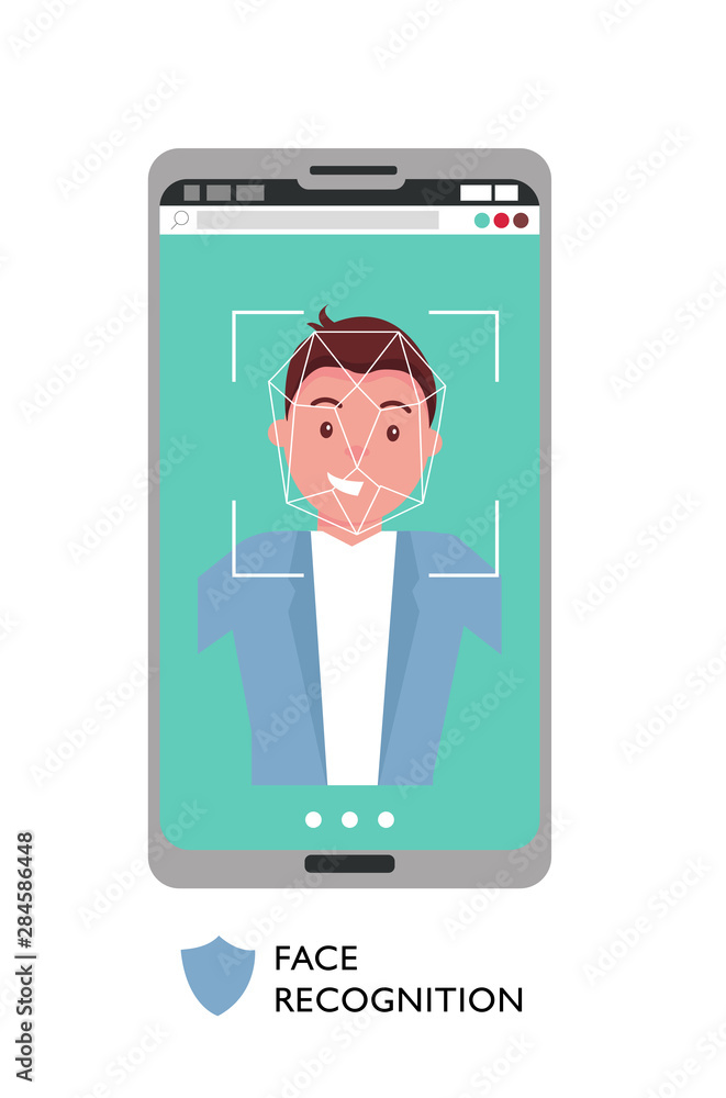 Face id concept. Male face on big smartphone screen. Personality Recognition, modern cellphone with security system. Smiling man with focus on his face. Flat cartoon vector illustration. Face id concept. Male face on big smartphone screen. Personality Recognition, modern cellphone with security system. Smiling man with focus on his face. Flat cartoon vector illustration.