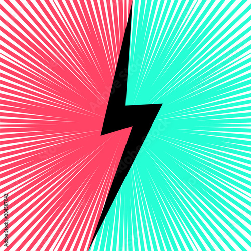 Lightning comic battle concept with rays blue and red burst.