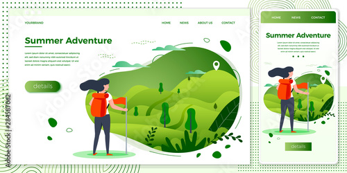 Vector cross platform illustration set -  tourist girl looking on mountain to climb. Forests, trees and hills on green background.Browser and mobile phone template with place for your text.