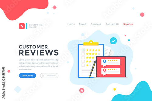 Customer reviews. Online survey, rating stars, feedback concept. Modern flat design graphic elements for web banner, landing page template, website. Vector illustration