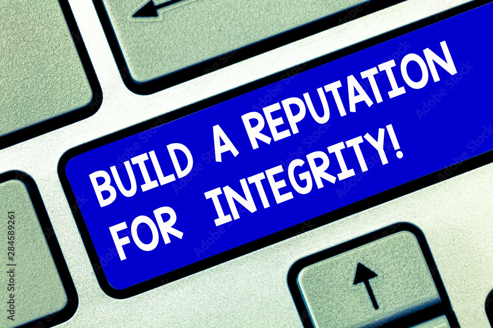 Conceptual hand writing showing Build A Reputation For Integrity. Business photo showcasing Obtain good feedback based on ethics Keyboard key Intention to create computer message idea Conceptual hand writing showing Build A Reputation For Integrity. Business photo showcasing Obtain good feedback based on ethics Keyboard key Intention to create computer message idea
