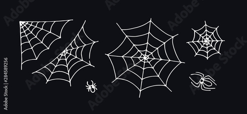 Vector hand drawn cartoon halloween element set. Collection of white outline spider silk net isolated on black background. Design holiday poster for party, invitation card, sale.