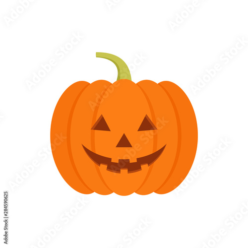 Halloween pumpkin icon. Vector. Autumn symbol. Flat design. Halloween scary pumpkin with smile, happy face. Orange squash silhouette isolated on white background. Cartoon colorful illustration.