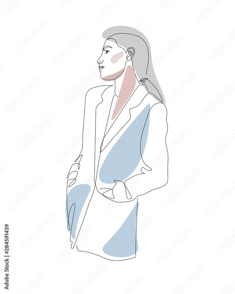 Pretty girl continuous line drawing minimalist design on white background. Fashionable girl standing in a long blue coat. One line art, continuous black line. Flat design. Pretty girl continuous line drawing minimalist design on white background. Fashionable girl standing in a long blue coat. One line art, continuous black line. Flat design.