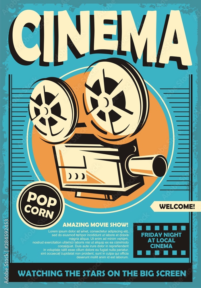 Cinema poster with movie projector camera graphic on retro blue background.  Film industry vector concept. Vintage movie theater flyer illustration.  Stock Vector, poster cinema 