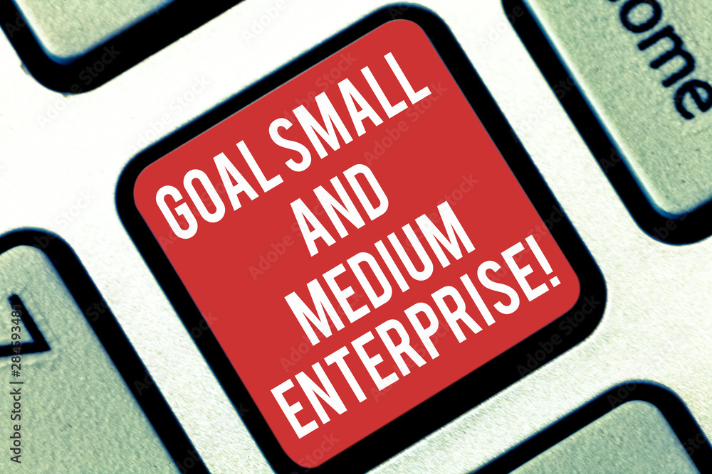 Fototapeta premium Handwriting text writing Goal Small And Medium Enterprise. Concept meaning SME growth of startups new business Keyboard key Intention to create computer message pressing keypad idea