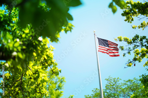 USA flag, american flag waving in the wind between trees