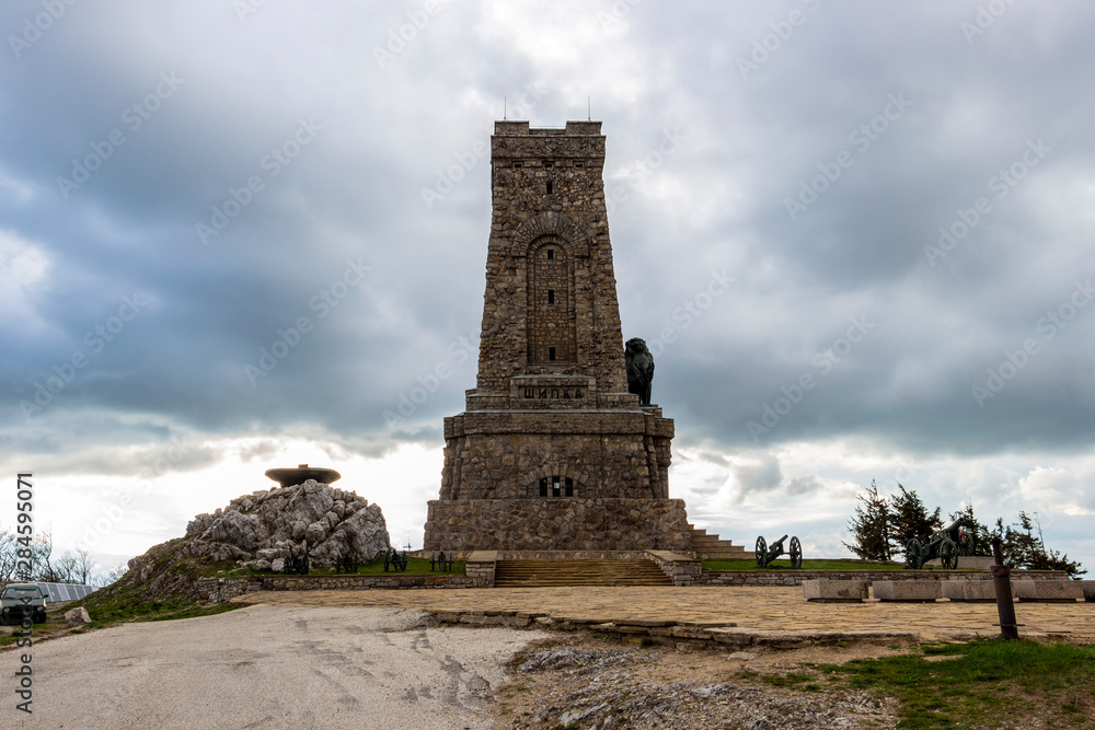 Shipka Monument or Liberty Memorial from 1934 on Stoletov Peak, Balkan Mountains, Bulgaria under overcast May sky