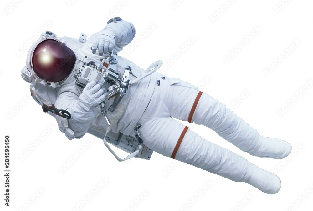 The astronaut, with the device in hands, in a space suit, isolated on a white background. Elements of this image were furnished by NASA - obrazy, fototapety, plakaty 