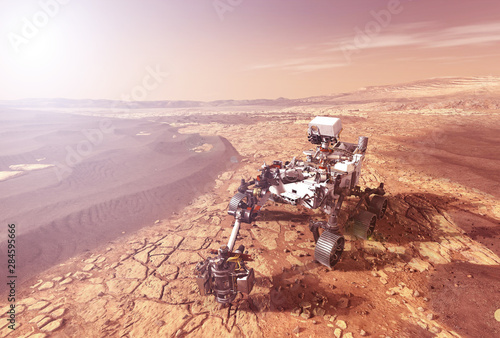 Платно Mars rover explores the surface of the planet Mars