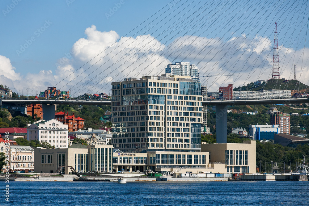 The marine facade of the city of Vladivostok. Central part of the capital of the Far East