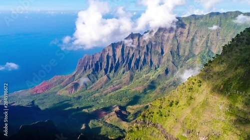 Aerial Shot of the cliff mountain and the sea in Na Pali coast in Kauai Hawaii