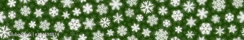 Christmas horizontal seamless banner of white snowflakes on green background