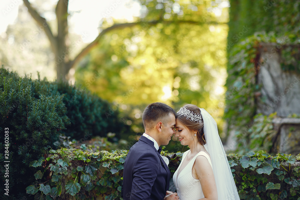 Elegant bride in a white dress and veil. Handsome groom in a blue suit. Couple in a summer park Elegant bride in a white dress and veil. Handsome groom in a blue suit. Couple in a summer park