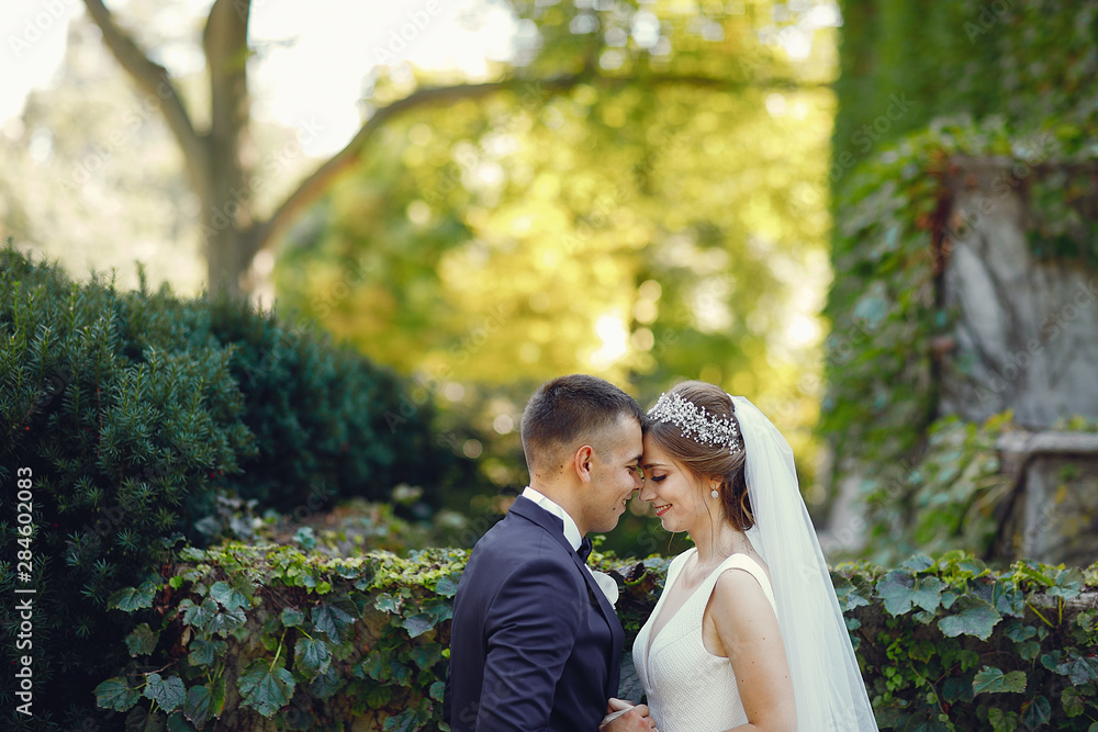 Elegant bride in a white dress and veil. Handsome groom in a blue suit. Couple in a summer park