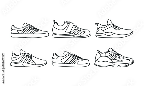 Set of sports and lifestyles shoes, sneaker vector hand drawn collection, shoe lineart icon. new shoe illustration for sport & branding design element