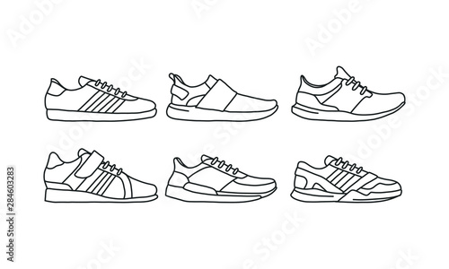 Set of sports and lifestyles shoes, sneaker vector hand drawn collection, shoe lineart icon. new shoe illustration for sport & branding design element