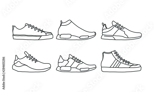 Set of sports and lifestyles shoes, sneaker vector hand drawn collection, shoe lineart icon. new shoe illustration for sport & branding design element
