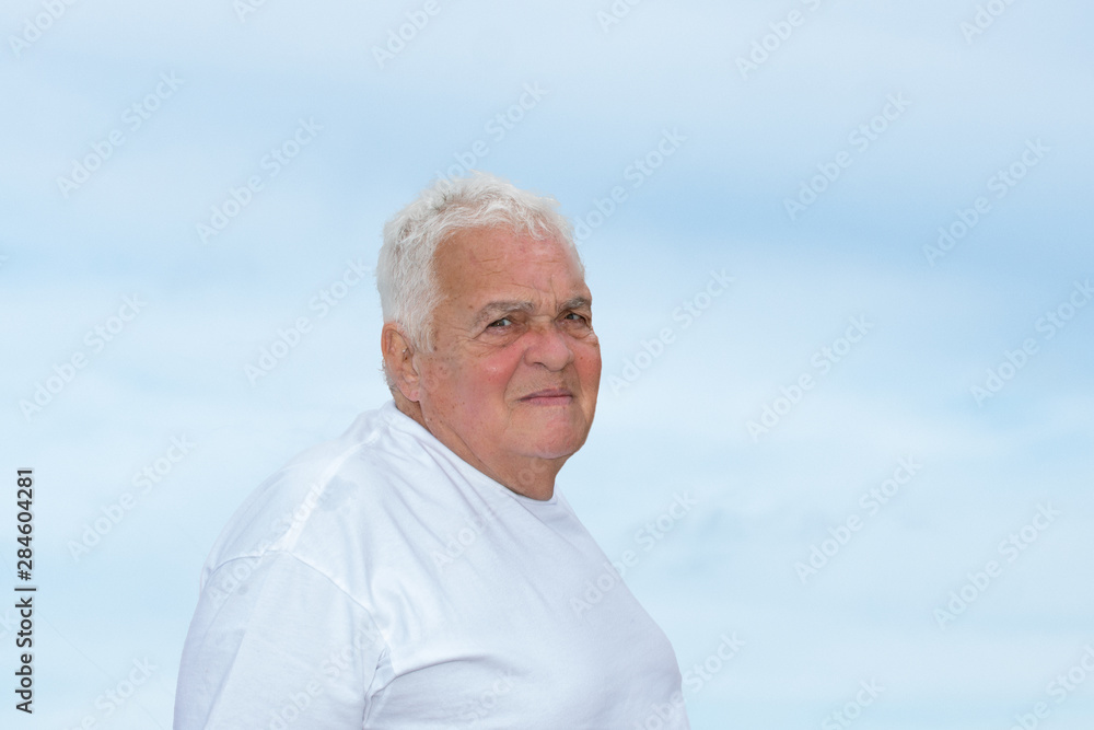 Fat old man walks exercises nature park Fat old man walks exercises nature park
