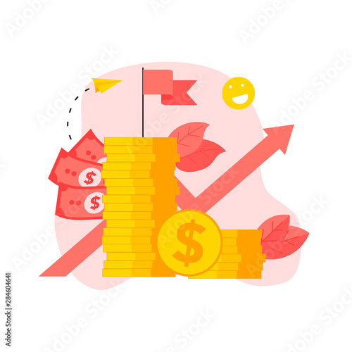 Finance and Business growth blue arrow. Dollar coins with growth arow. Finance concept.