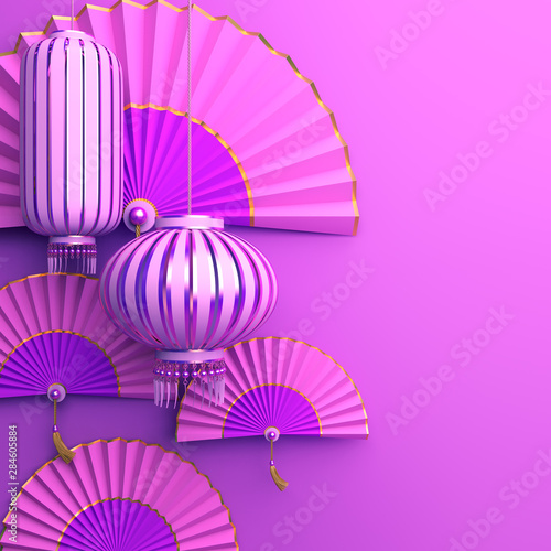 Pink violet pastel chinese paper fan  lampion lantern. Design creative concept of chinese festival celebration gong xi fa cai. 3D rendering illustration.