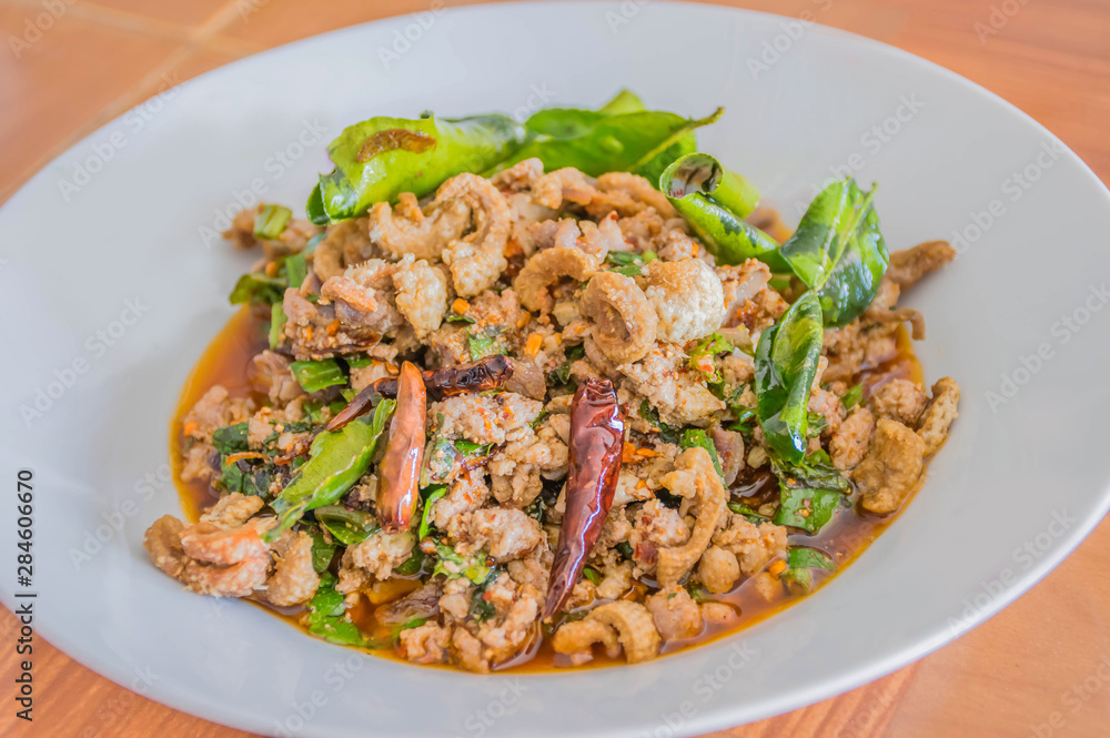 Thai Spicy minced pork meat, ( Pork Laab ) local Thailand style food. Thai Spicy minced pork meat, ( Pork Laab ) local Thailand style food.