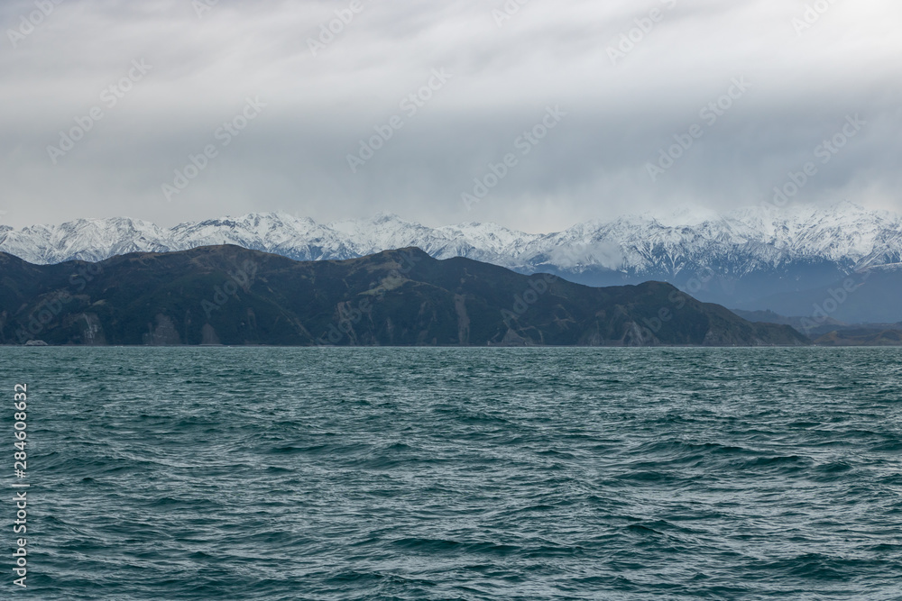 Kaikoura ocean trench and mountains in Background Kaikoura ocean trench and mountains in Background