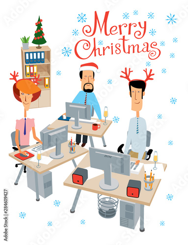 Merry Christmas. Party at the office. Cheerful colleagues celebrate and work. Vector full color graphics with cute characters